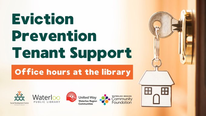 Promotional Graphic announcing Eviction Prevention Tenant Support will now have regular office hours at Waterloo Public Library